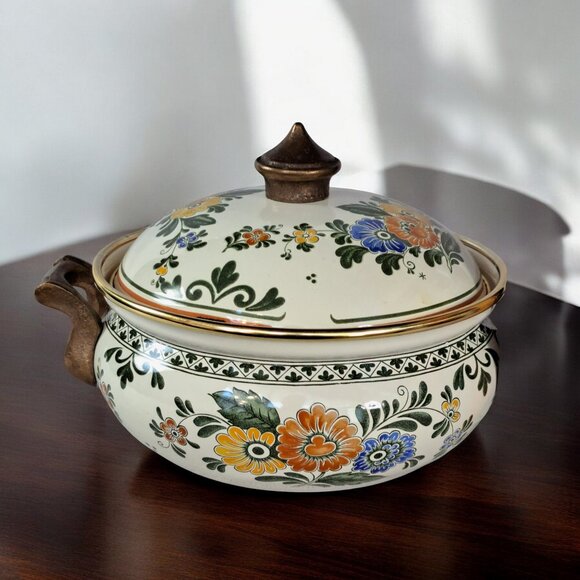 Vintage Asta Enamelware Floral Cookware With Brass Handles Germany with Lid . - Picture 4 of 11